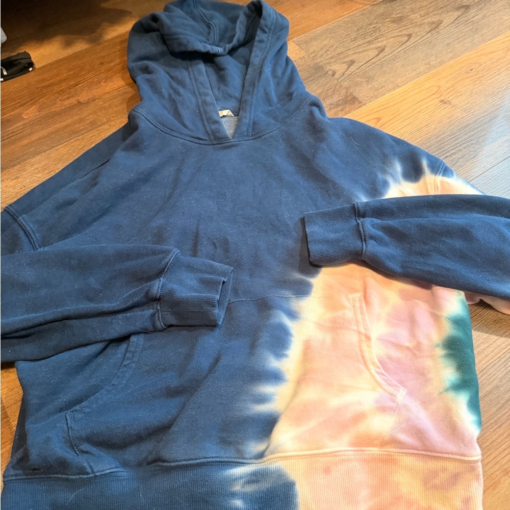 Navy Hoodie with Peach & Teal Tie-Dye Accent